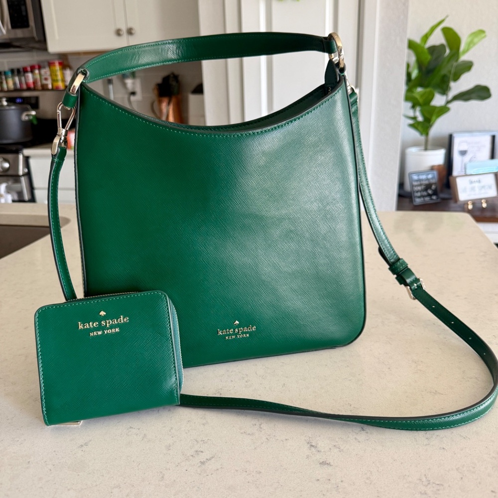 Kate Spade Perry Leather Shoulder Bag & Staci Small Zip Around Wallet, Deep Jade